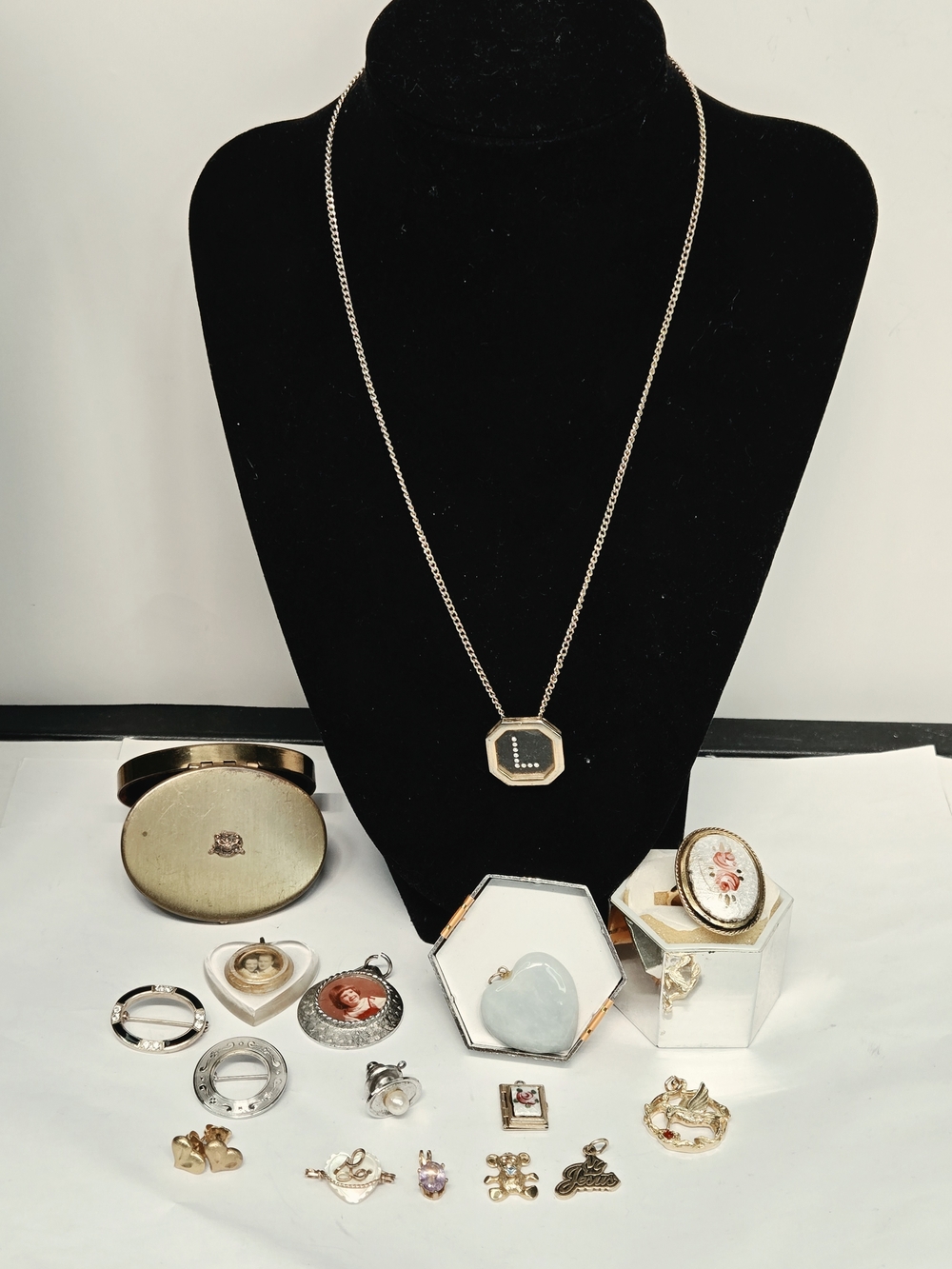 14k Jade Heart and Vintage Gold-Tone Pendants, Pins And More